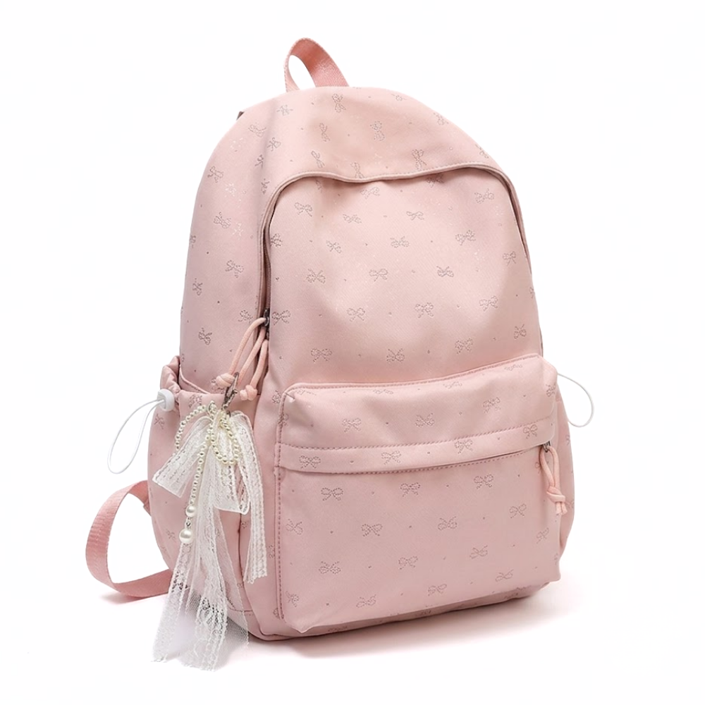Schulrucksack mit gestickten Schleifen – großes Hauptfach, Vorderfach, Seitentaschen | Mädchen