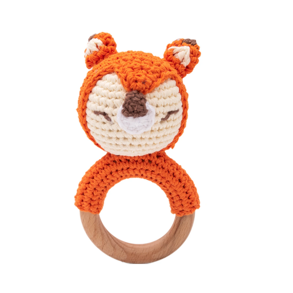 Gehäkelte Rassel mit Holzring Tierfigur – weiches Textil, griffig | Babyspielzeug Geschenk