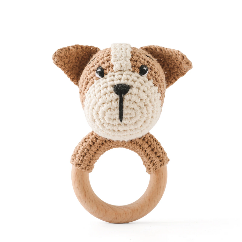 Gehäkelte Rassel mit Holzring Tierfigur – weiches Textil, griffig | Babyspielzeug Geschenk