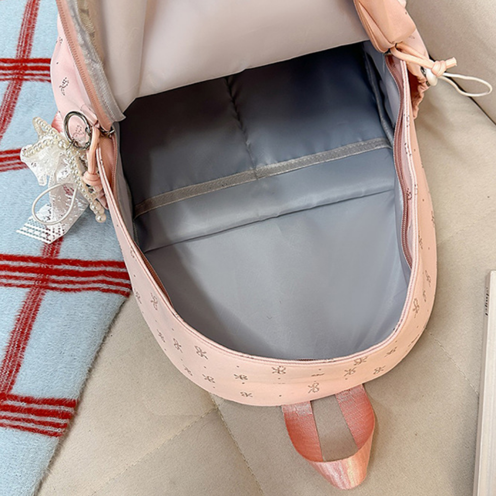 Schulrucksack mit gestickten Schleifen – großes Hauptfach, Vorderfach, Seitentaschen | Mädchen
