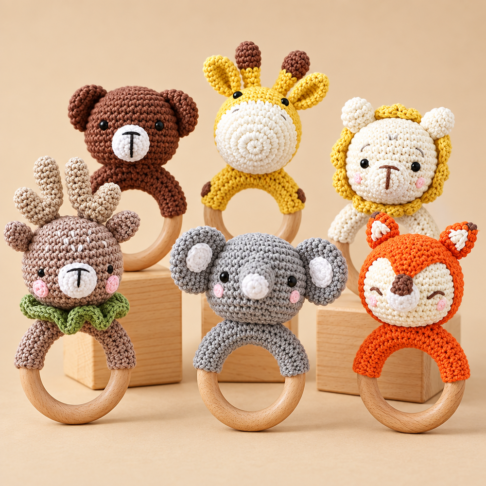 Gehäkelte Rassel mit Holzring Tierfigur – weiches Textil, griffig | Babyspielzeug Geschenk