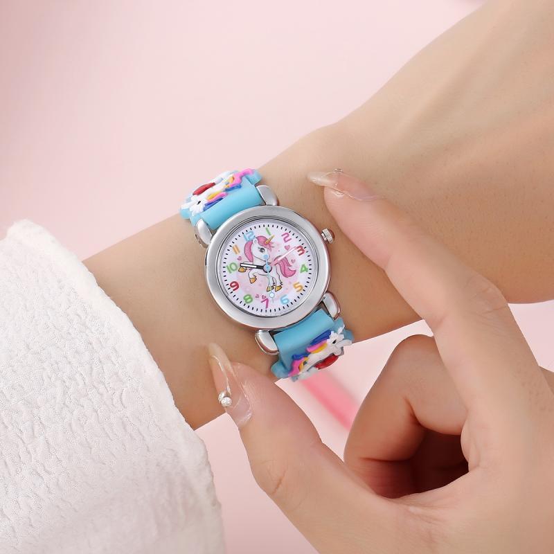 Kinderuhr mit Einhorn und analogen Zeigern – Quarzwerk, PVC-Armband, Uhr lesen lernen | Armbanduhr