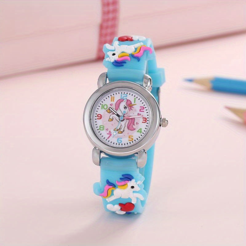 Kinderuhr mit Einhorn und analogen Zeigern – Quarzwerk, PVC-Armband, Uhr lesen lernen | Armbanduhr