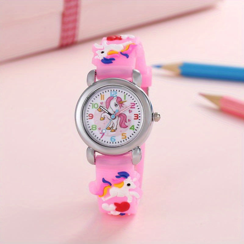 Kinderuhr mit Einhorn und analogen Zeigern – Quarzwerk, PVC-Armband, Uhr lesen lernen | Armbanduhr