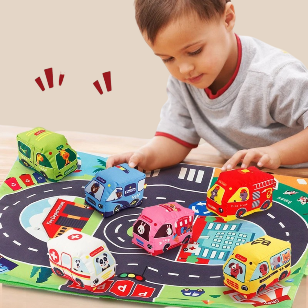 Weiche Stoffauto-Spielset – 9 Fahrzeuge & faltbare Spielmatte, Pädagogisches Spielzeug für Babys, Kleinkinder & Vorschulkinder (0-4 Jahre)