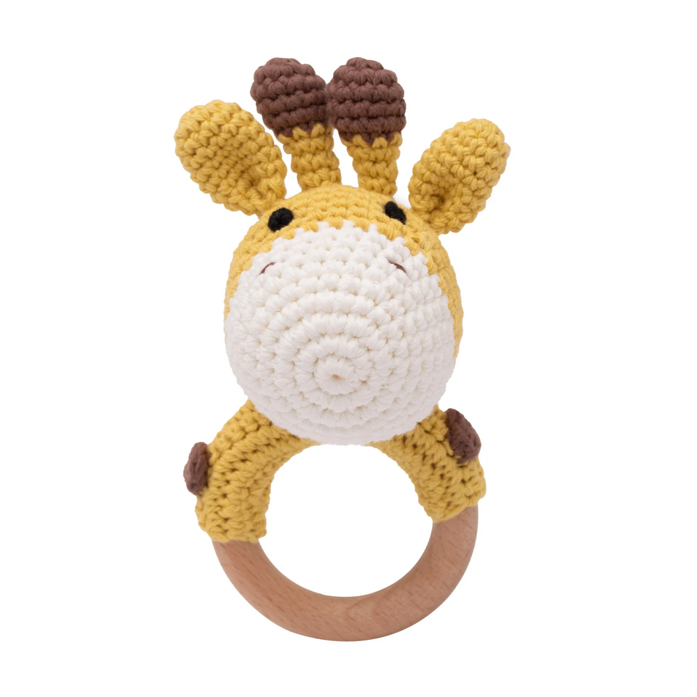 Gehäkelte Rassel mit Holzring Tierfigur – weiches Textil, griffig | Babyspielzeug Geschenk