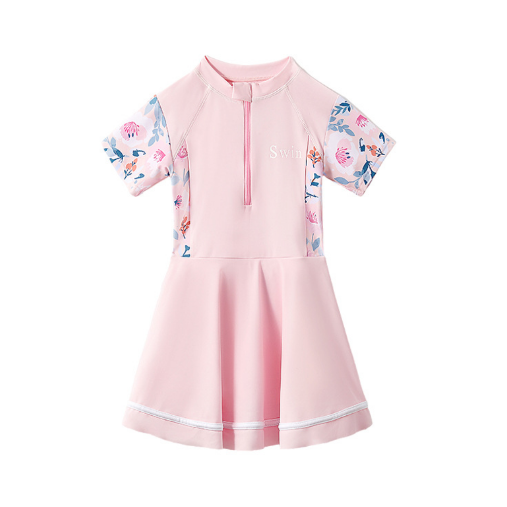 Badekleid mit Reißverschluss für Mädchen – kurze Ärmel, Röckchen, Blumenmuster | Badeanzug Kinder