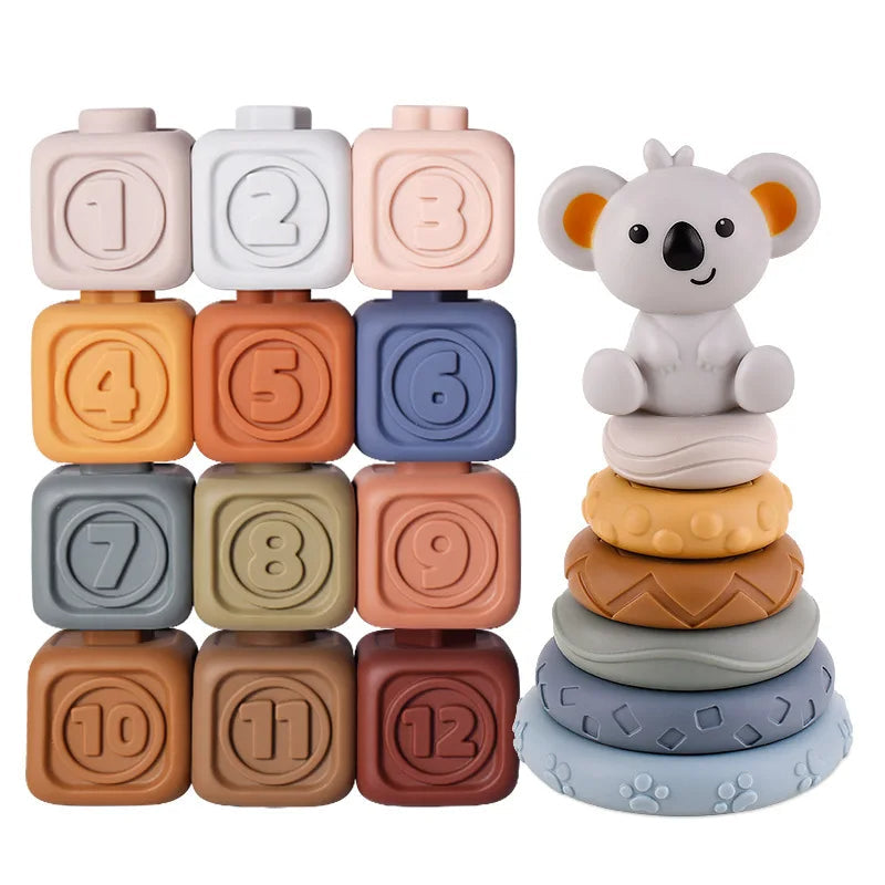 Stapel- und Beißspielzeug Koala mit Würfeln und Ringen – weicher Kunststoff | Babyspielzeug