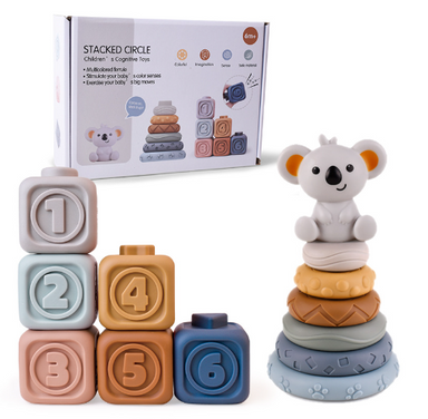 Stapel- und Beißspielzeug Koala mit Würfeln und Ringen – weicher Kunststoff | Babyspielzeug