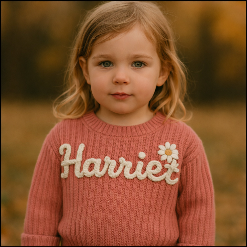Pullover mit Namen und Tannenbaumprint – bestickt, Baumwolle, Rundhals | Weihnachtspulli Baby
