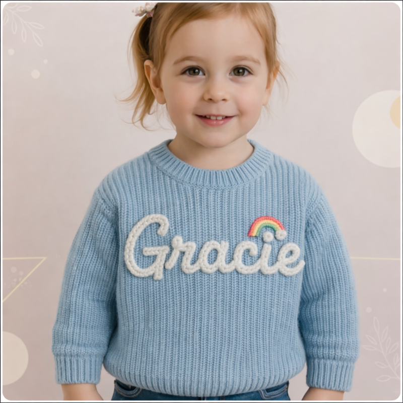 Pullover mit Namen und Tannenbaumprint – bestickt, Baumwolle, Rundhals | Weihnachtspulli Baby