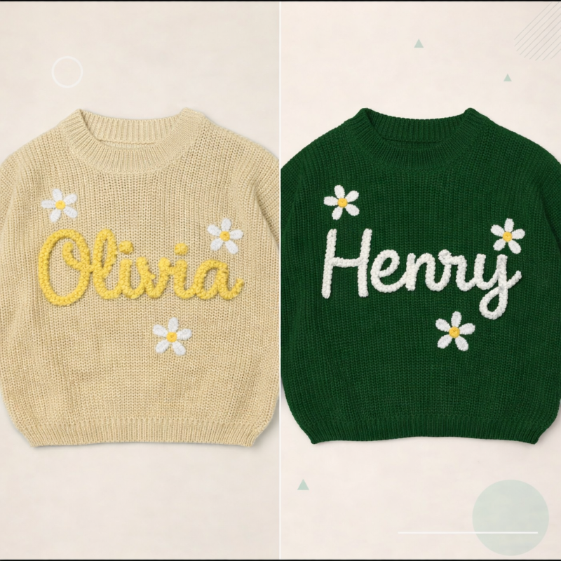 Pullover mit Namen und Tannenbaumprint – bestickt, Baumwolle, Rundhals | Weihnachtspulli Baby