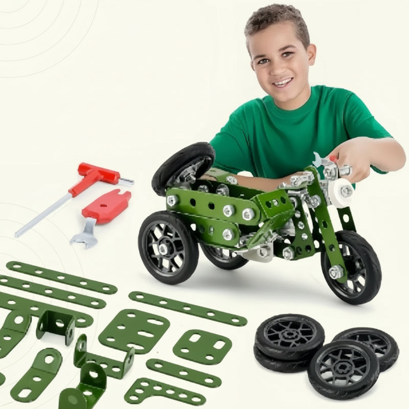 Metall-Bausatz mit Schrauben – vier Fahrzeugmodelle, klare Bauschritte | Konstruktionsspielzeug
