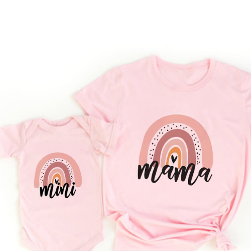 Mama & Tochter Matching Set – Shirt & Strampler Outfit | Regenbogen Print