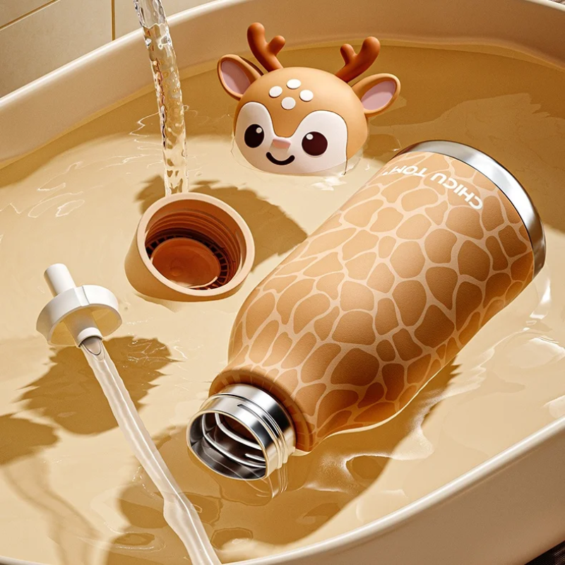 Kinder-Thermosflasche Edelstahl 316 mit Tierkopf – 8 Std. warm, 12 Std. kalt, Schule | Trinkflasche