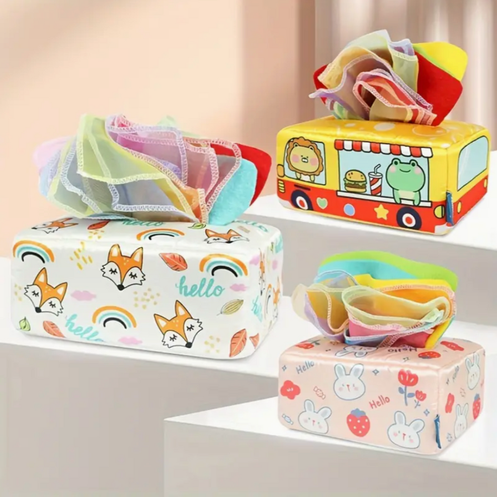 Montessori Spielzeug für Babys – Sensorische Tücherbox mit Stofftüchern | Fördert Entwicklung & Motorik