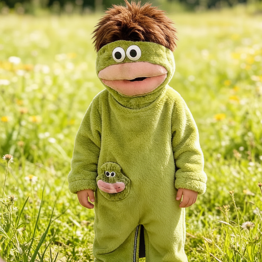 Kinder-Onesie mit Monsterdesign und Kapuze – weicher Stoff, lockere Passform | Kostüm-Overall