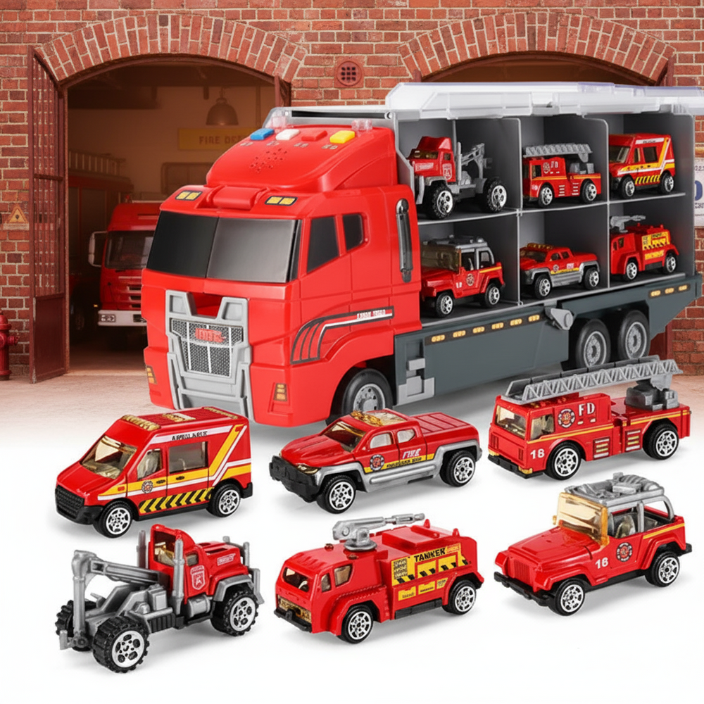 Spielzeug-LKW mit 6 Fahrzeugen, Licht und Sound – Staufächer, Klapprampe | Transporter-Truck