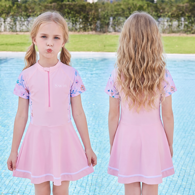 Badekleid mit Reißverschluss für Mädchen – kurze Ärmel, Röckchen, Blumenmuster | Badeanzug Kinder