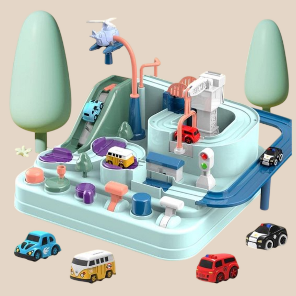 Spielset mit Autos - TurboCity Abenteuerbahn, Interaktiv, Ohne Batterien, Inklusive 4 Fahrzeuge & Hubschrauber, Pädagogisch, 3+ Jahre