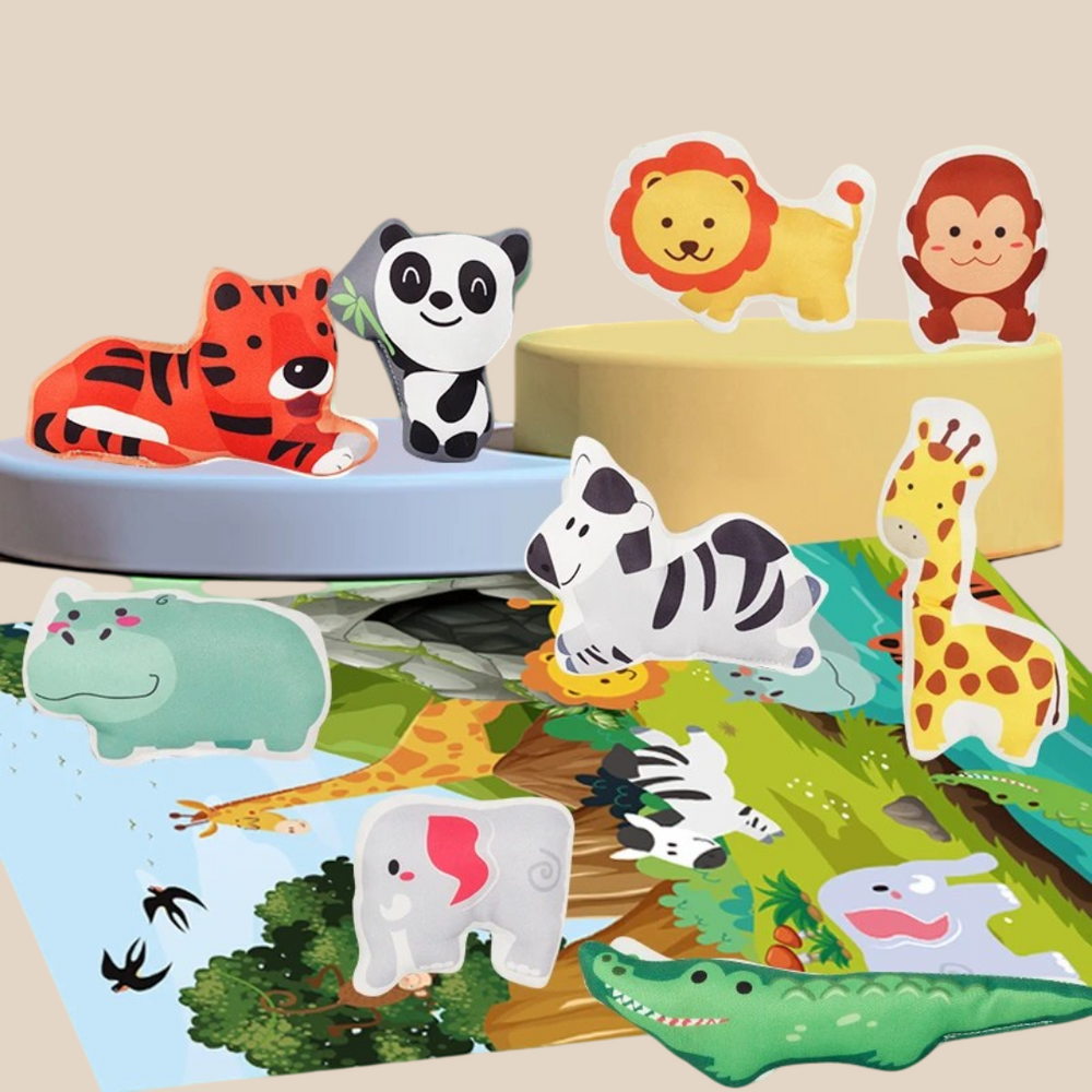 Jungle Abenteuer Spielset – Weiche Stofftiere & Faltbare Spielmatte, Pädagogisches Spielzeug für Kleinkinder (0-4 Jahre)