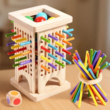Stäbchenspiel aus Holz mit Farbwürfel – Turm oder Ring, ab 2 Spielern | Geschicklichkeitsspiel