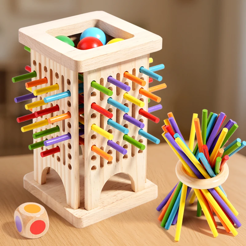 Stäbchenspiel aus Holz mit Farbwürfel – Turm oder Ring, ab 2 Spielern | Geschicklichkeitsspiel