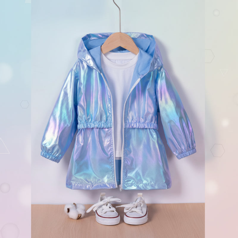 Kinderregenjacke mit Kapuze und Glanzoptik – Reißverschluss, Bündchen | Regenjacke