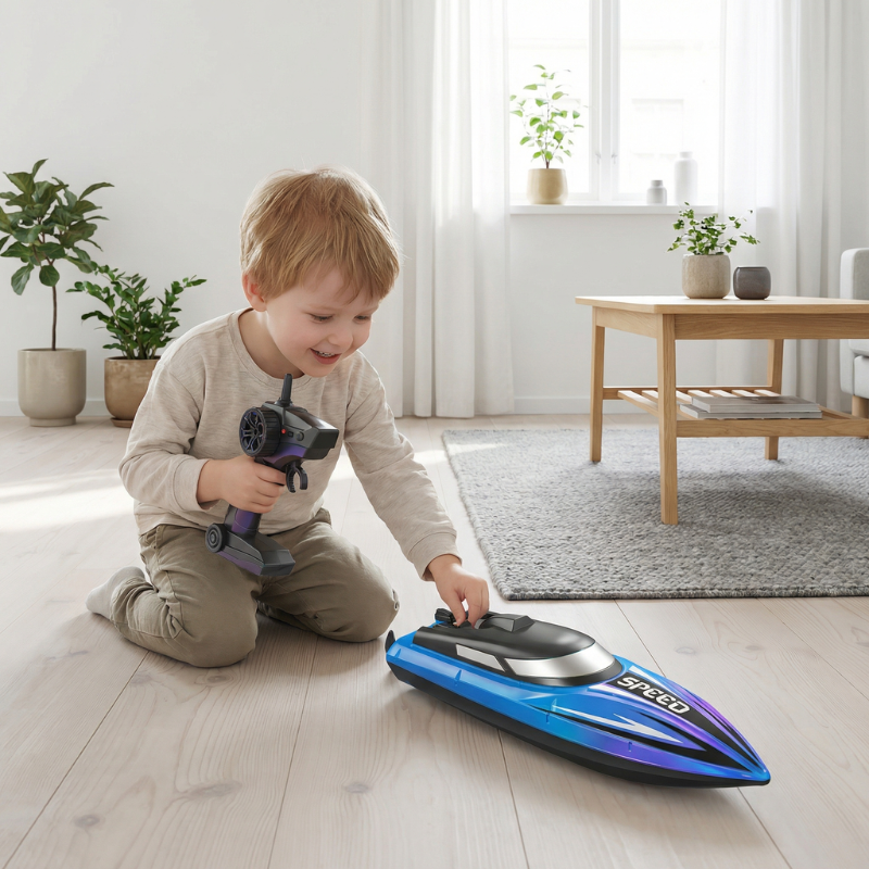 RC-Rennboot für Kinder mit LED-Beleuchtung – aufladbarer Akku, Ersatzpropeller | Spielzeugboot