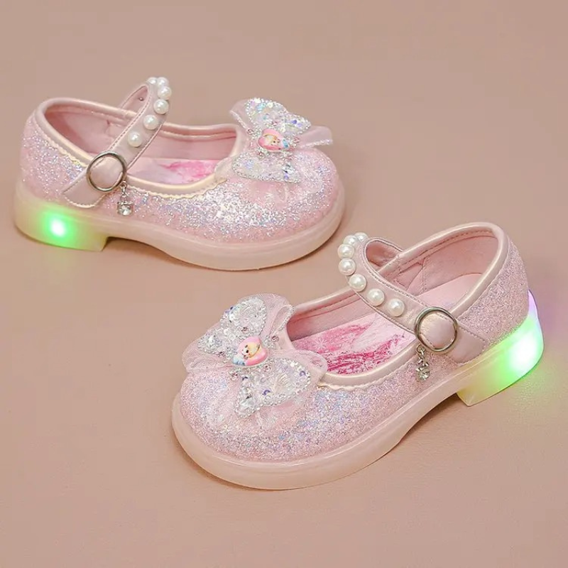 Glänzende Mädchenschuhe mit Klettverschluss – Schleife, Perle, gepolsterte Sohle | Festschuhe