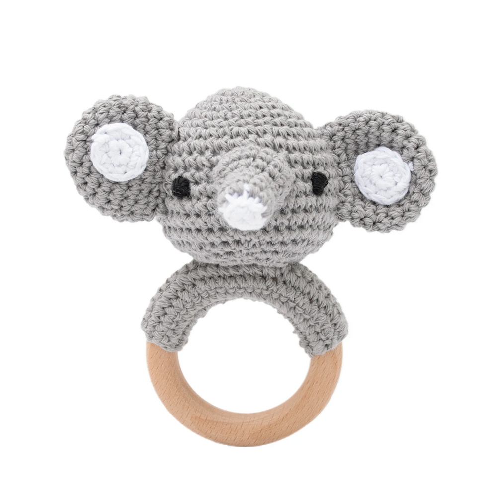 Gehäkelte Rassel mit Holzring Tierfigur – weiches Textil, griffig | Babyspielzeug Geschenk
