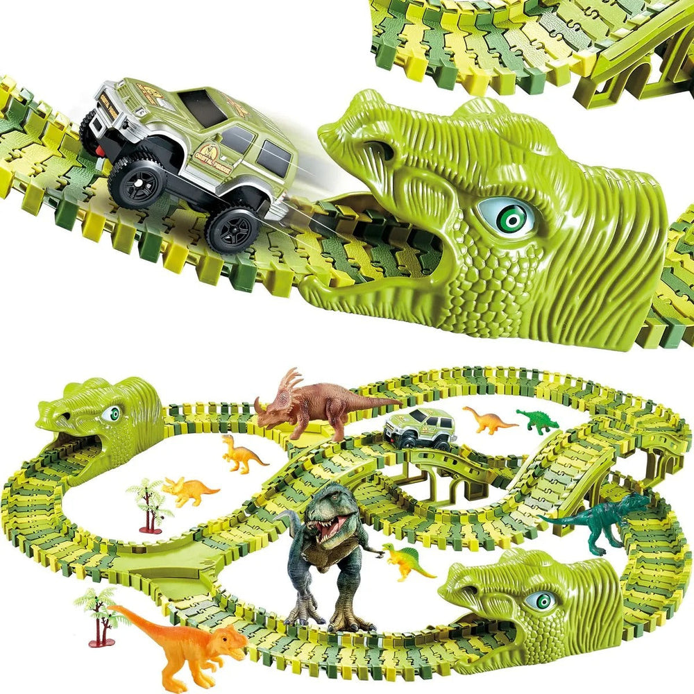 Dino Rennbahn für Kinder – 140-teiliges Flexibles Set mit Dinosaurier Spielzeug