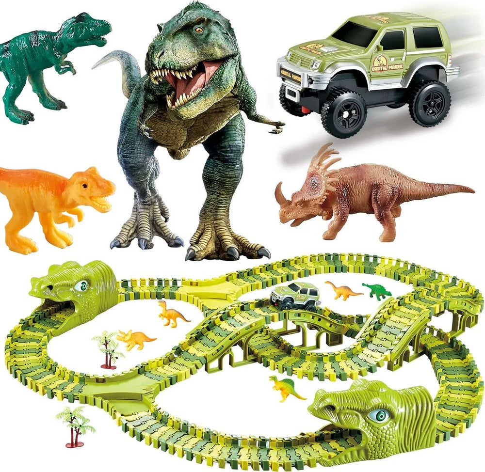 Dino Rennbahn für Kinder – 140-teiliges Flexibles Set mit Dinosaurier Spielzeug