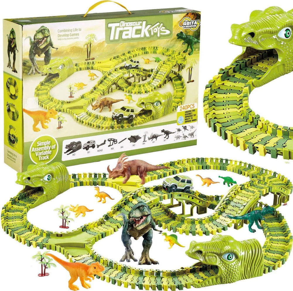 Dino Rennbahn für Kinder – 140-teiliges Flexibles Set mit Dinosaurier Spielzeug