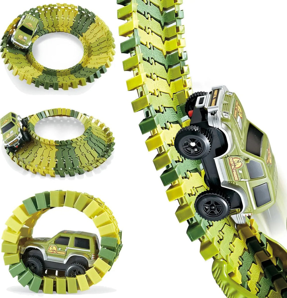 Dino Rennbahn für Kinder – 140-teiliges Flexibles Set mit Dinosaurier Spielzeug