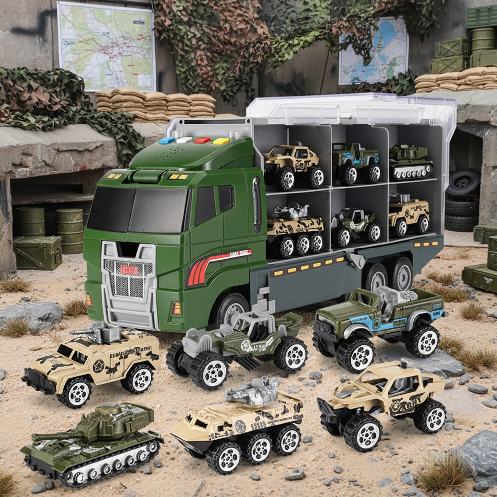 Spielzeug-LKW mit 6 Fahrzeugen, Licht und Sound – Staufächer, Klapprampe | Transporter-Truck