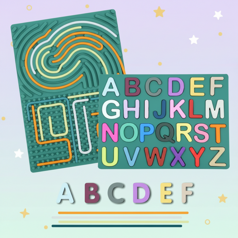 Sensorisches Silikon-Aktivitätsboard mit Buchstaben – Alphabet lernen & Feinmotorik