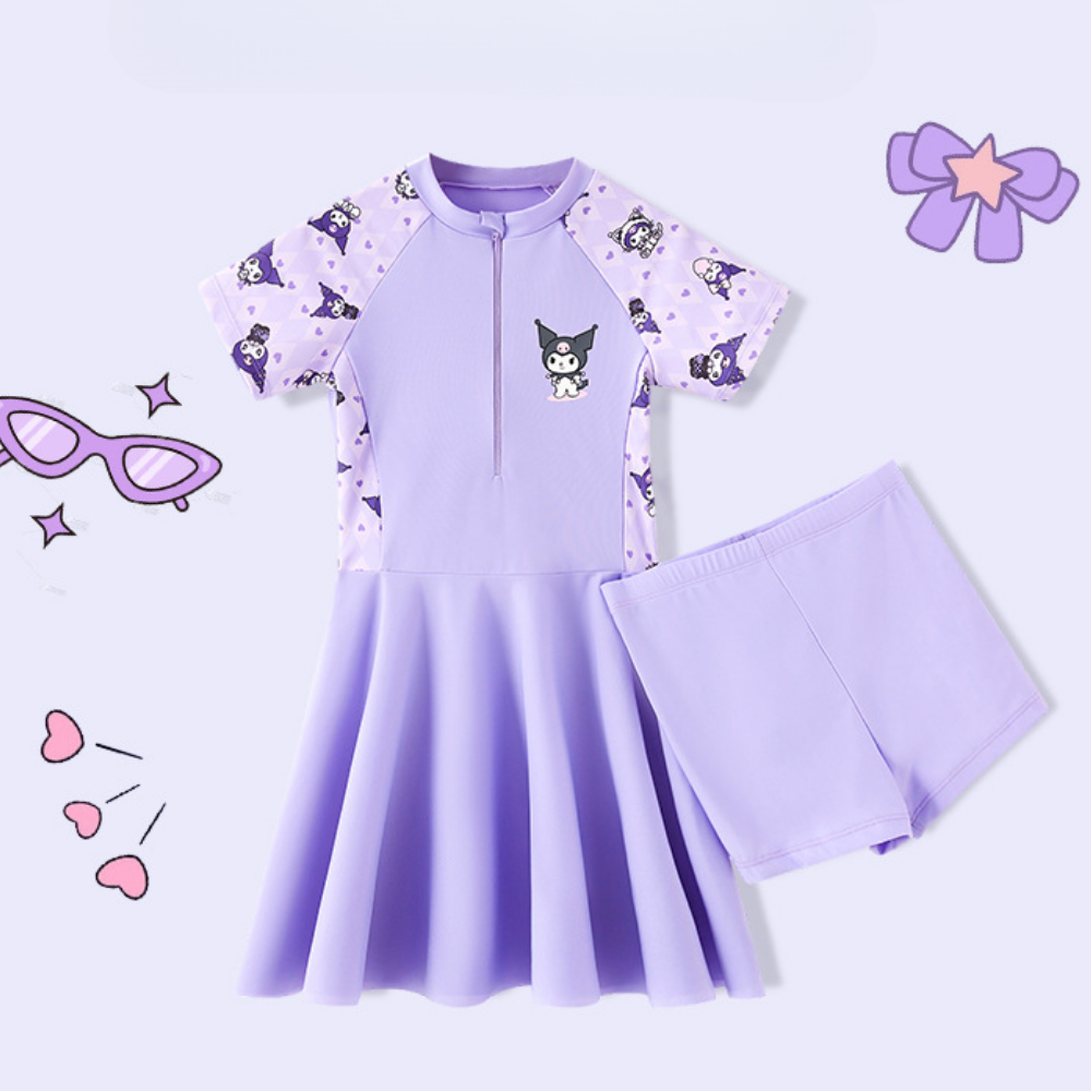 Badekleid mit Reißverschluss für Mädchen – kurze Ärmel, Röckchen, Blumenmuster | Badeanzug Kinder