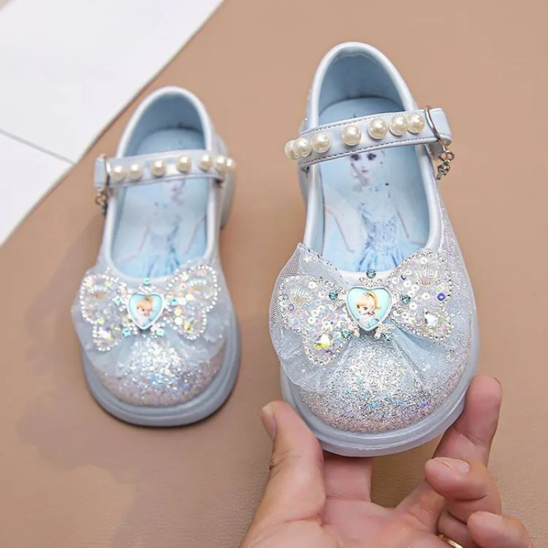 Glänzende Mädchenschuhe mit Klettverschluss – Schleife, Perle, gepolsterte Sohle | Festschuhe