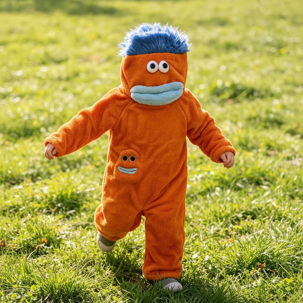 Kinder-Onesie mit Monsterdesign und Kapuze – weicher Stoff, lockere Passform | Kostüm-Overall