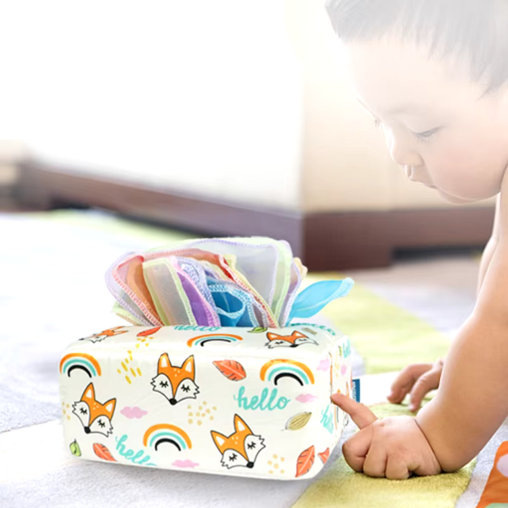 Montessori Spielzeug für Babys – Sensorische Tücherbox mit Stofftüchern | Fördert Entwicklung & Motorik