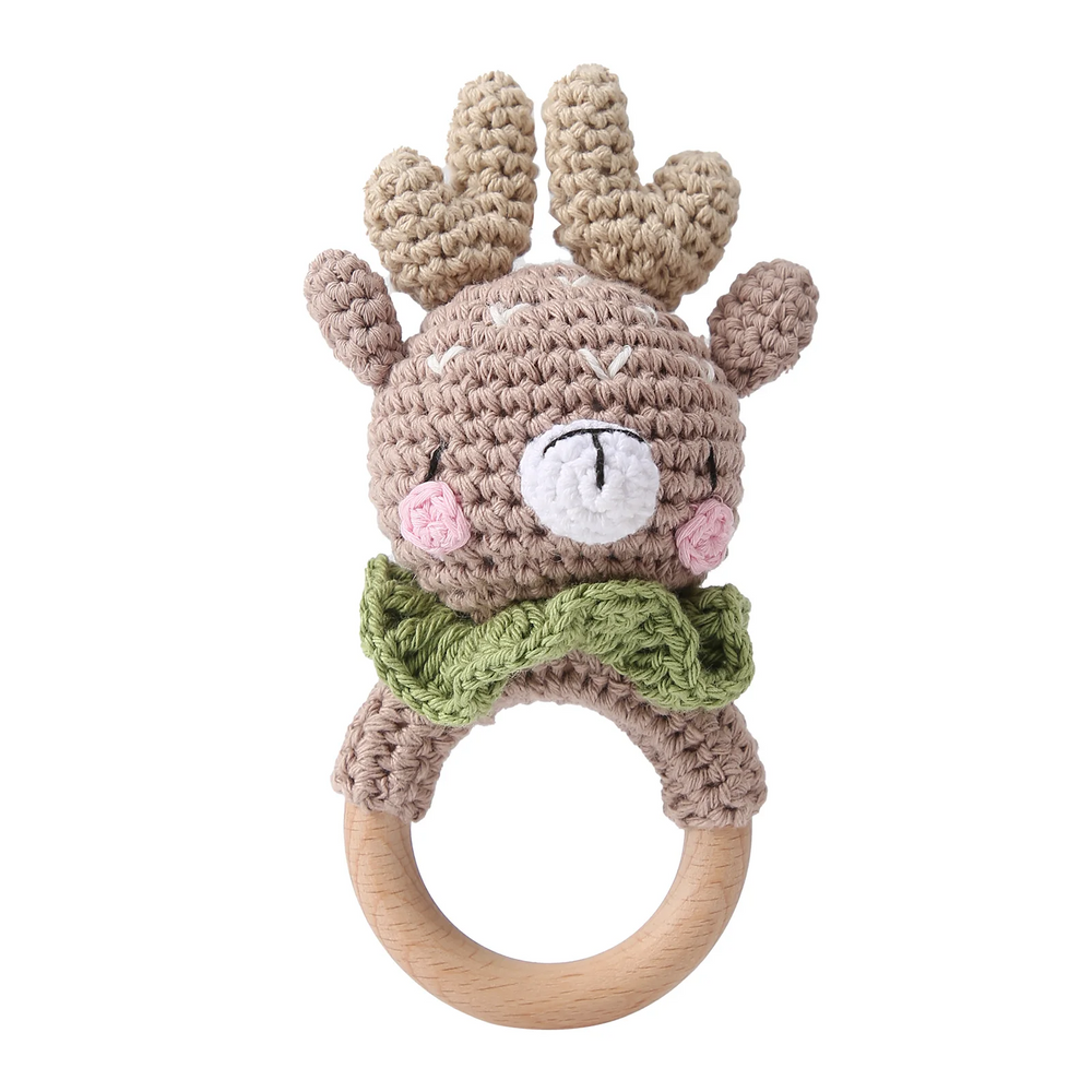 Gehäkelte Rassel mit Holzring Tierfigur – weiches Textil, griffig | Babyspielzeug Geschenk