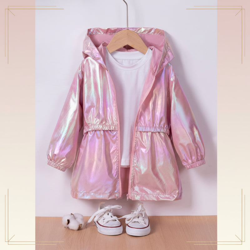 Kinderregenjacke mit Kapuze und Glanzoptik – Reißverschluss, Bündchen | Regenjacke