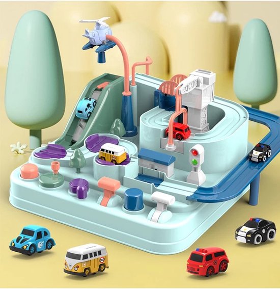 Spielset mit Autos - TurboCity Abenteuerbahn, Interaktiv, Ohne Batterien, Inklusive 4 Fahrzeuge & Hubschrauber, Pädagogisch, 3+ Jahre