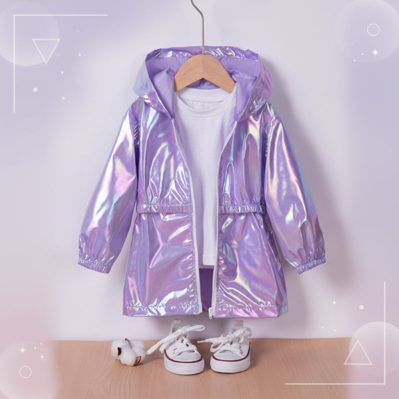 Kinderregenjacke mit Kapuze und Glanzoptik – Reißverschluss, Bündchen | Regenjacke