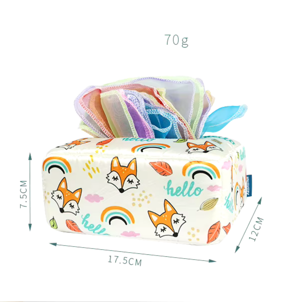 Montessori Spielzeug für Babys – Sensorische Tücherbox mit Stofftüchern | Fördert Entwicklung & Motorik