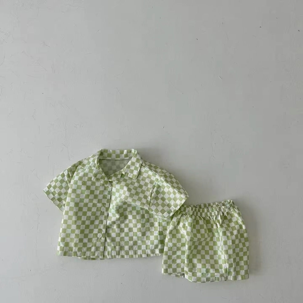 Trendy Kariertes Outfit – Shirt und Shorts Set für Baby, Kleinkind und Kinder, Rosa/Blau/Grün, Baumwolle, Größe 0–6 Jahre