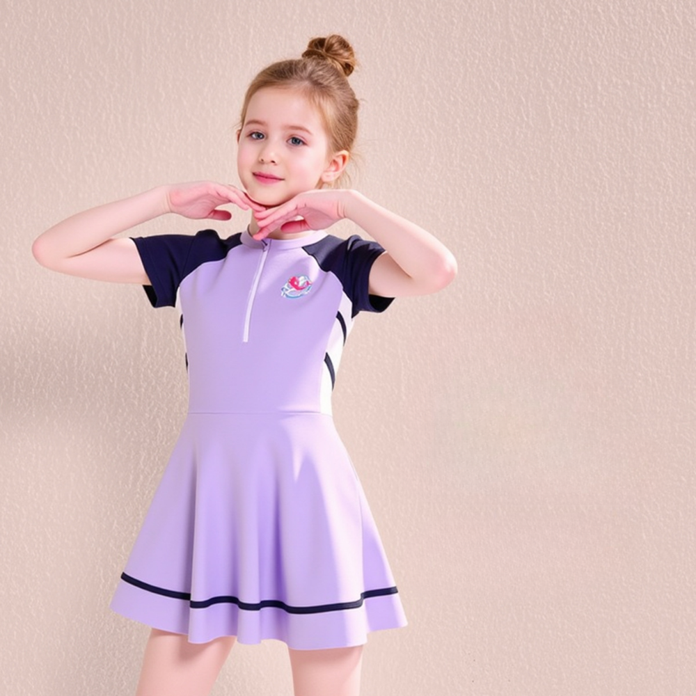 Badekleid mit Reißverschluss für Mädchen – kurze Ärmel, Röckchen, Blumenmuster | Badeanzug Kinder