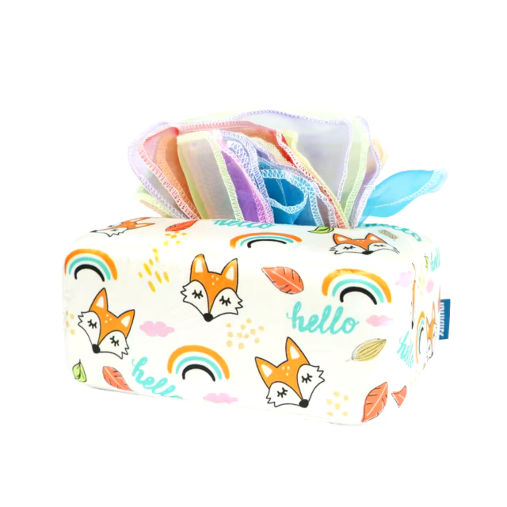 Montessori Spielzeug für Babys – Sensorische Tücherbox mit Stofftüchern | Fördert Entwicklung & Motorik