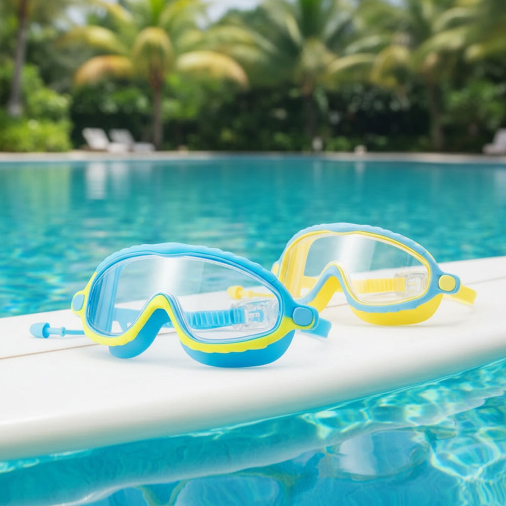 Kinder-Schwimmbrille mit Antibeschlag & UV-Schutz – Verstellbar, HD-Sicht & Ohrstöpsel
